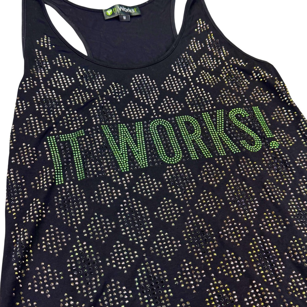 It Works Shirt Women's Medium Black Racerback Tank Top Rhinestone‎ Sparkle